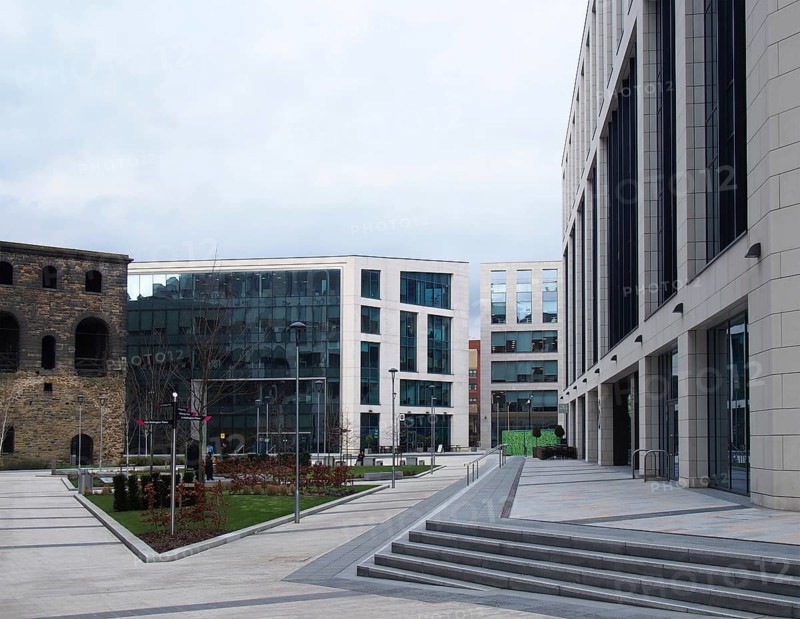 Leeds, west yorkshire, united kingdom, 4 March 2020: The historic railway lifting tower surrounded by modern buildings at wellington place in leeds