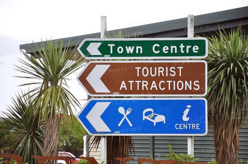 Signs directing tourists to the centre of Hokitika, West Coast, New Zealand, Oceania