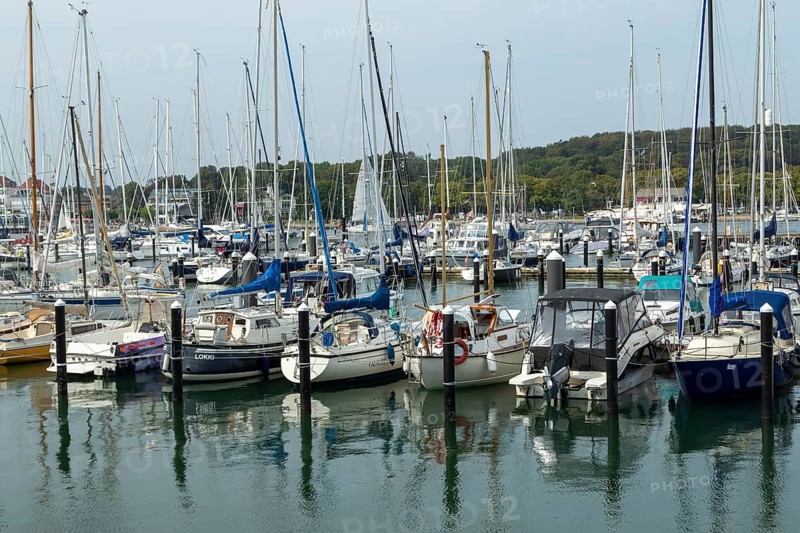 Sailing boats in the Rosenhof marina on the Priwall, seaside resort of Travemünde, Hanseatic city of Lübeck, Schleswig-Holstein, Germany, Europe