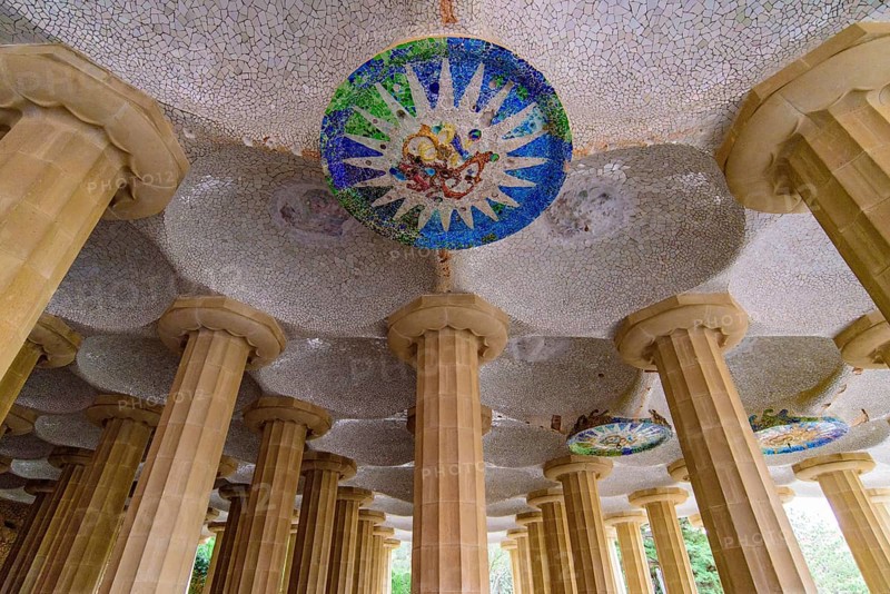 Hypostyle Room in Park Guell in Barcelona, Spain, Europe