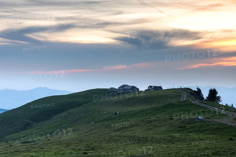 An impressive panorama of mountains with rocky peaks and dense forests under a cloudy sunset, Hochalp, Urnäsch, Appenzell Ausserrhoden, Switzerland, Europe