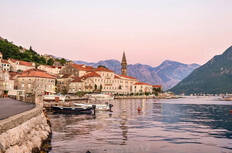 View of Old Town of Perast at summer sunset, Montenegro, Europe