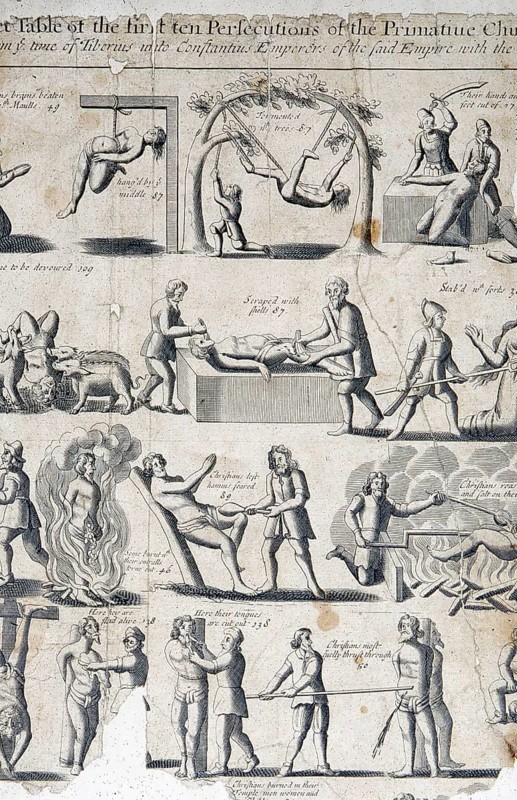 Illustrations from an early edition of Foxe's Book of Martyrs, showing methods of Romish persecution against the Protestants. Courtesy of the Reed Collection at Dunedin Public Library, New Zealand, Oceania