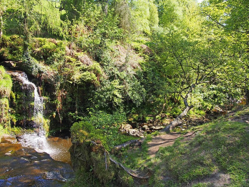 Lumb hole falls a waterfall in woodland at crimsworth dean near pecket well in calderdale west yorkshire