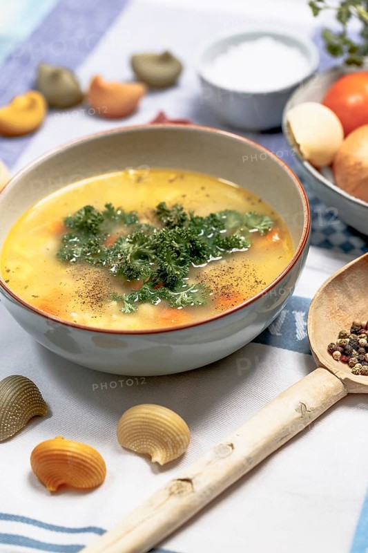 Chicken noodle soup with carrots and parsley