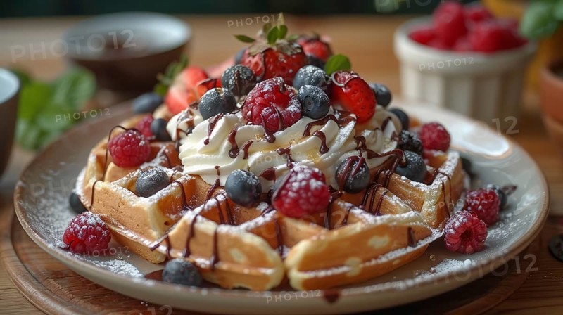 Waffles with whipped cream, an assortment of berries, and chocolate drizzle, AI Generated, AI generated