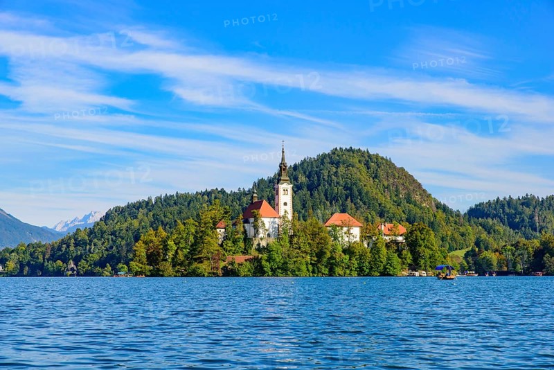 Bled Island on Lake Bled, a popular tourist destination in Slovenia