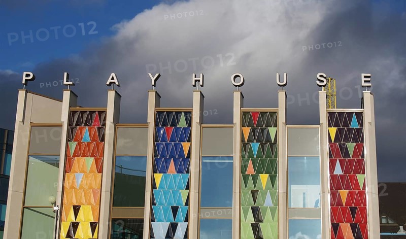 Leeds, West Yorkshire, United Kingdom, 22 February 2020: the brightly coloured facade of the new west yorkshire playhouse theatre building against a bright cloudy blue sky, Europe