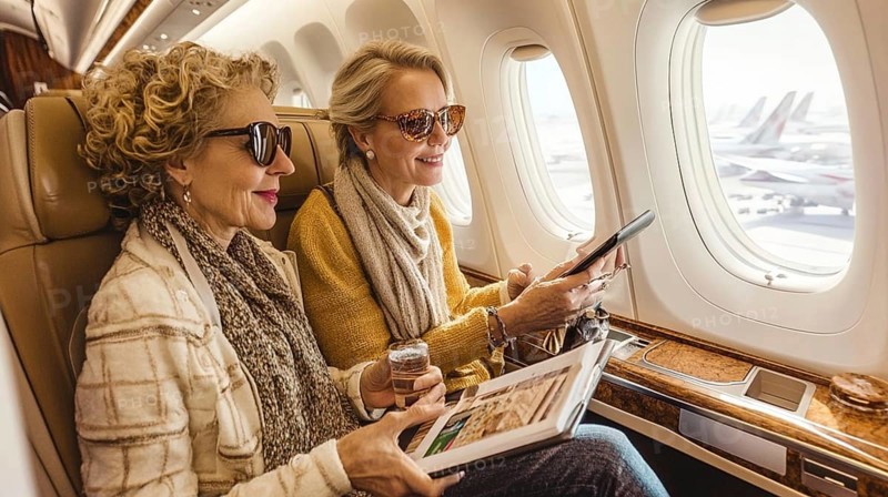 Two cheerful women seated by the window in an airplane, enjoying drinks and conversation while wearing sunglasses, AI generated
