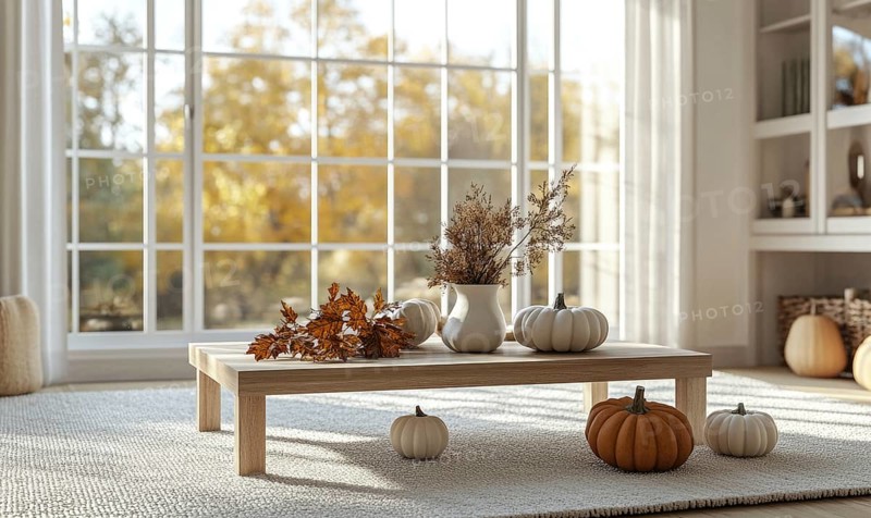 Scandinavian living room with a light wooden coffee table, white rug, autumn leaves centerpiece, and pumpkins on the floor AI generated