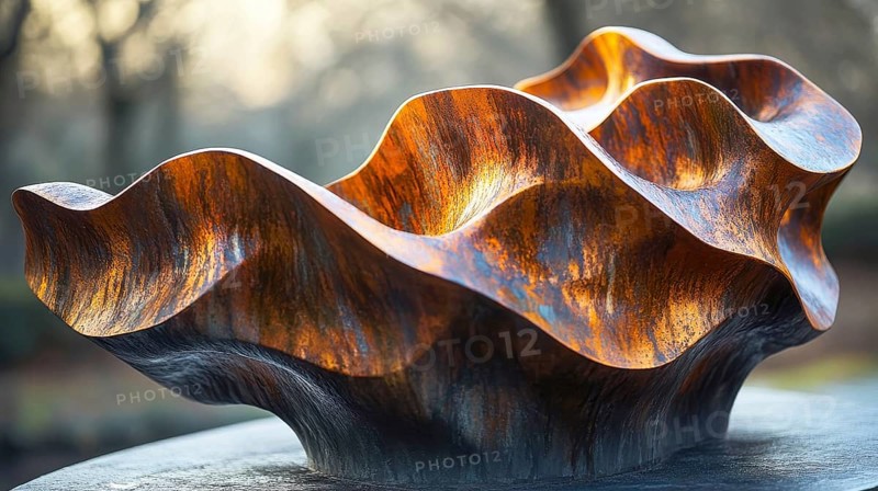 Brass sculpture with smooth, wavy design, bathed in natural light creating reflections, placed outdoors, AI generated