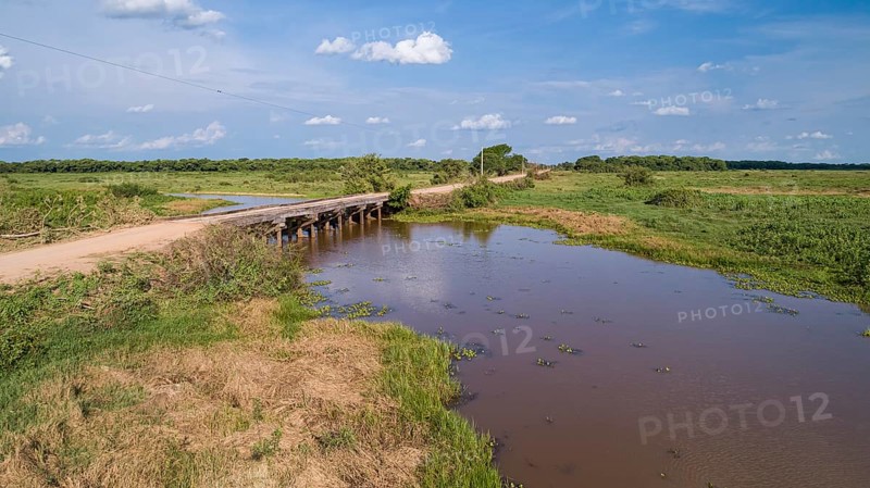 Aerial view of Transpantaneira wooden bridge crossing a river, sunny sky, Pantanal Wetlands, Mato Grosso, Brazil, South America