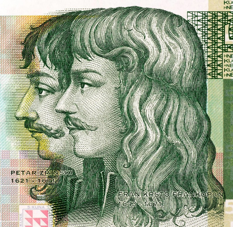 Petar Zrinski (1621-1671) and Fran Krsto Frankopan (1643-1771) on 5 Kuna 2001 Banknote from Croatia. Attempted to throw off Habsburg and other foreign influences over Hungary and Croatia