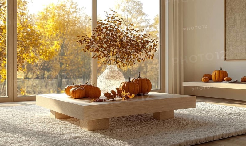Scandinavian living room with a light wooden coffee table, white rug, autumn leaves centerpiece, and pumpkins on the floor AI generated