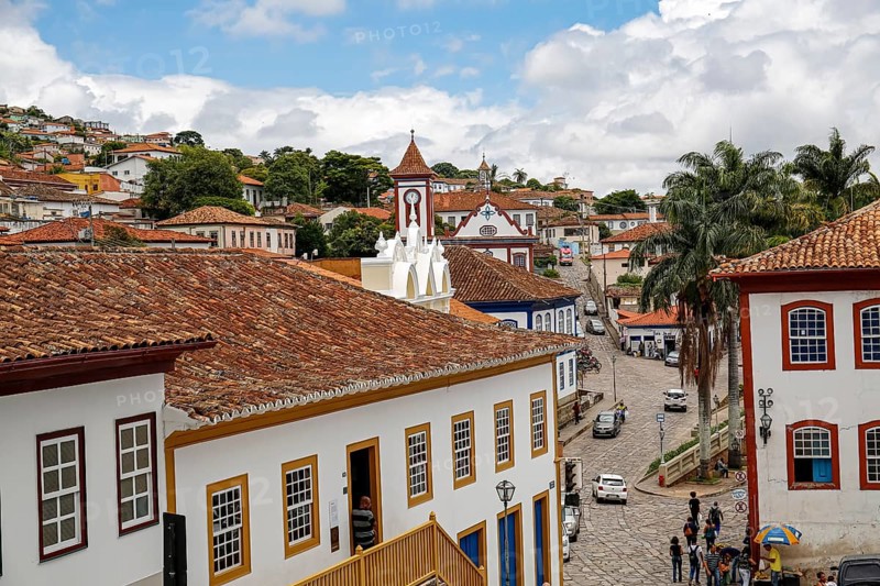 View to historic center of Diamantina with traditional houses and church, Minas Gerais, Brazil, South America