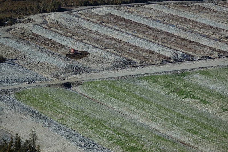 Diggers excavating land to make humps and hollows for farmland, West Coast, South Island, New Zealand. Humping and hollowing is an effective way of draining swampy land for dairy pasture