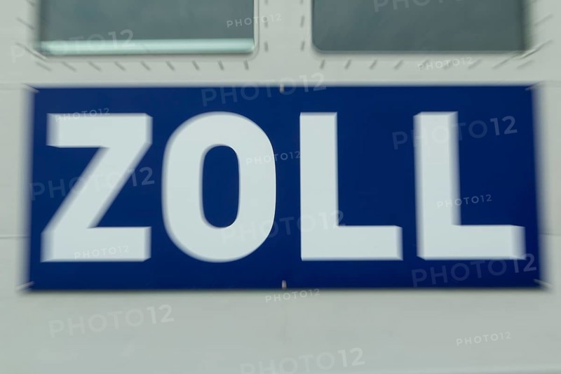 Close-up, sign with inscription customs at the customs boat Priwall in the harbour on the Priwall, seaside resort Travemünde, Hanseatic city of Lübeck, Schleswig-Holstein, Germany, Europe