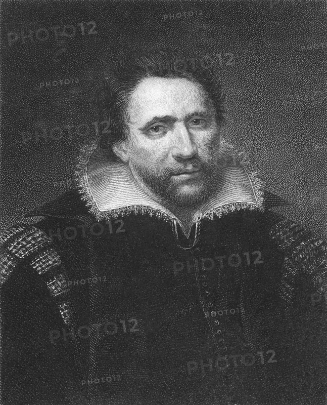 Ben Jonson (1572-1637) on engraving from the 1800s. English renaissance dramatist, poet and actor. Engraved by E. Scriven and published in London by Charles Knight, Ludgate Street & Pall Mall East