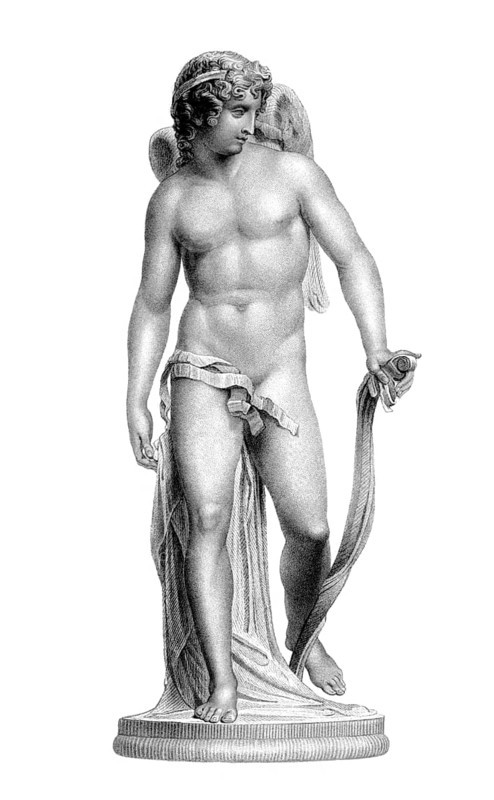 Statue of Cupid on engraving from the 1800s. Roman God of desire, affection and erotic love, that was a copy of Greek God Eros. Engraved by J.Thomson from a statue by R.Westmacott
