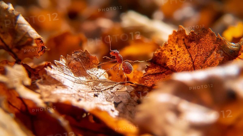 A close-up shot of an ant on fallen autumn leaves, enveloped in a warm, orange-hued forest atmosphere, AI generated