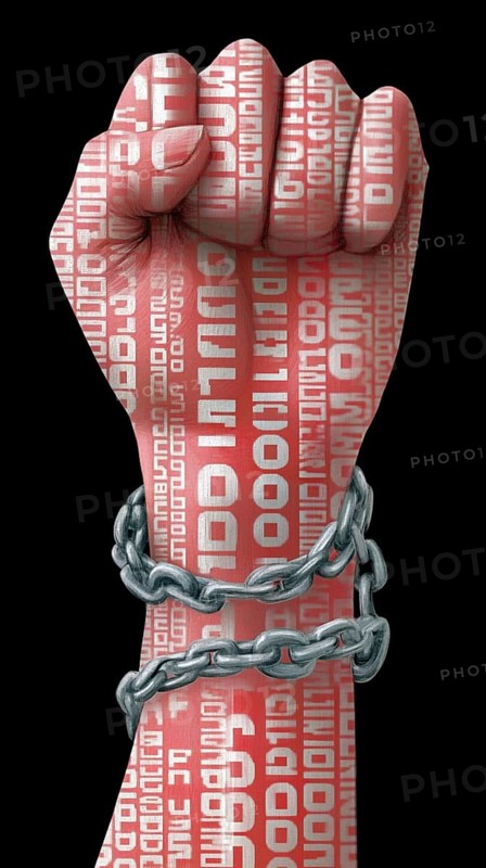 Red fist with chains and binary code on a black background, symbolizing struggle and resistance, AI generated