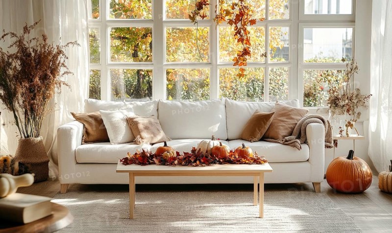 Scandinavian living room with a white sofa, light wooden coffee table, autumn leaves garland and pumpkins AI generated