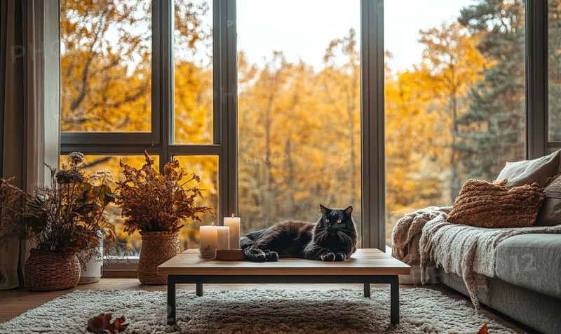 Scandinavian living room with a white sofa, wooden coffee table, autumn leaves in a vase, candles on the table and a black Maine Coon cat AI generated
