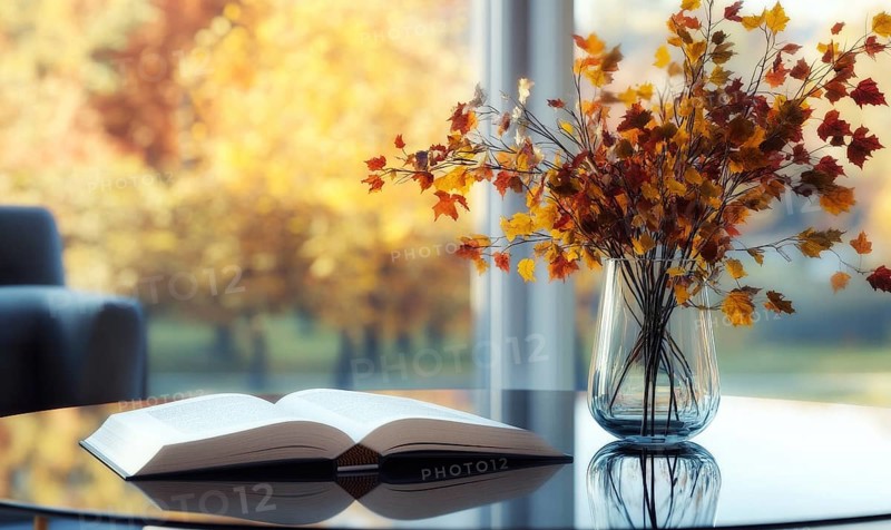 Minimalist table with a couple of books and a vase filled with vibrant autumn leaves AI generated