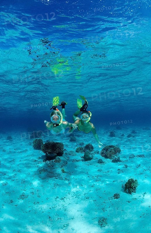 Two woman snorkelling, Bali, Indian Ocean, Indonesia, Asia