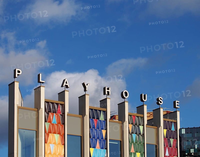 Leeds, West Yorkshire, United Kingdom, 22 February 2020: the brightly coloured facade of the new west yorkshire playhouse theatre building against a bright cloudy blue sky, Europe