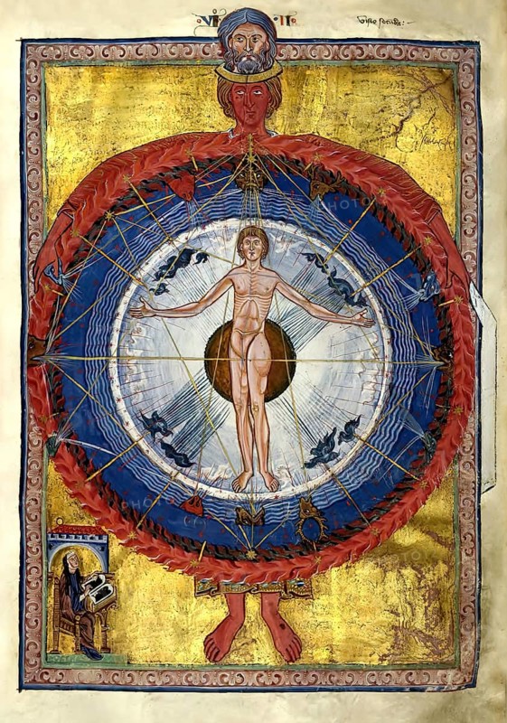 The Cosmic Spheres and Human Being, Vision from Liber Divinorum Operum, the Book of Divine Works, ca 1225 by Hildegard of Bingen, 1098 – 1179, German Benedictine abbess and polymath