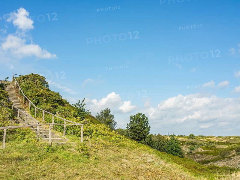 Wooden staircase winds up a green hill under a slightly cloudy sky, spiekeroog, east frisia, north sea, germany