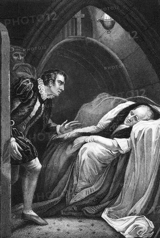 Death of Mortimer, from Shakespeare's Henry VI, Part I, Act II, Scene V on engraving from 1800s. Engraved by J.Rogers after a painting by J.Northcote and published by J.Tallis & Co