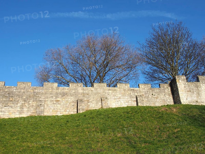 A view of the ancient medieval city walls of york with grass covered embankment and blue sky