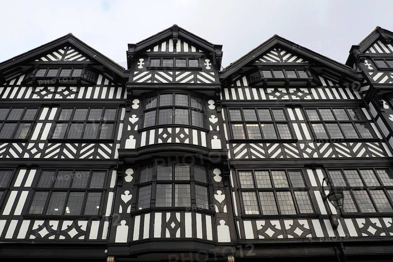 Traditional old Tudor English style half timbered buildings in Chester city centre