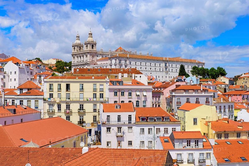 View of the city & Tagus River from Miradouro de Santa Luzia, an observation deck in Lisbon, Portugal, Europe