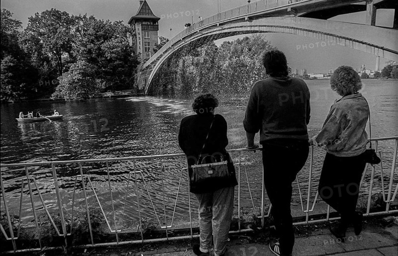 Germany, Berlin, 27 June 1991, Abbey Bridge to the Island of Youth in Treptower Park, (with water feature), Europe