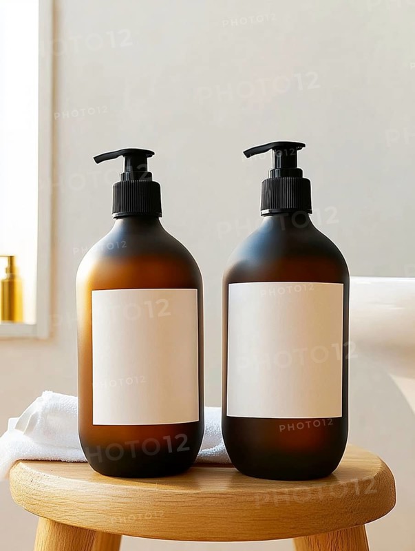Two amber pump bottles with blank labels standing on a wooden stool in a modern, minimalistic bathroom setup, AI generated