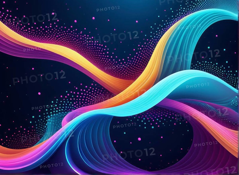 Bright neon lights in blue, orange, and pink create flowing wave patterns against a dark background in this abstract digital art, AI generated
