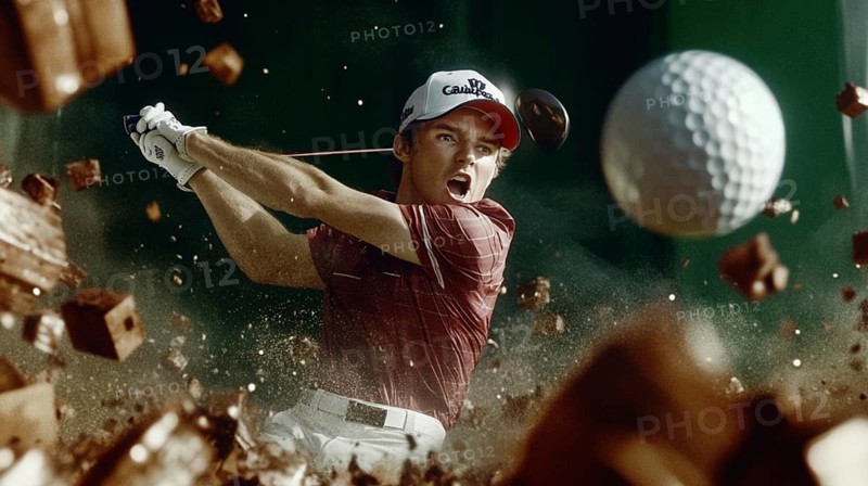 A man intensely hitting a golf ball with debris flying around in a competitive environment, AI generated