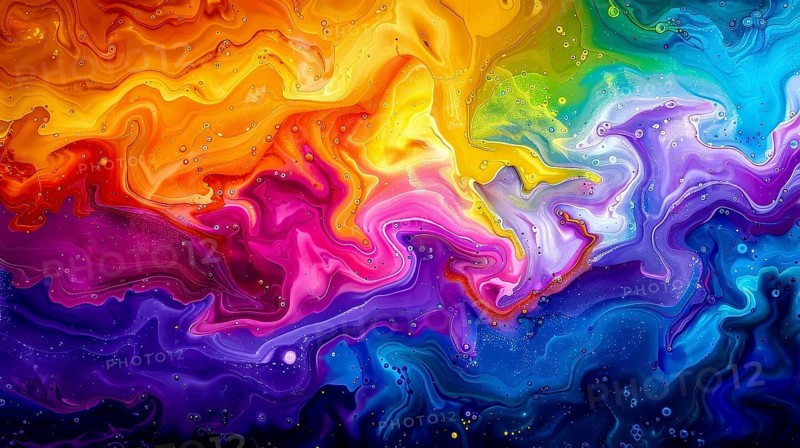 An energetic abstract painting with a flowing rainbow spectrum, featuring textured and vibrant fluid art, AI generated