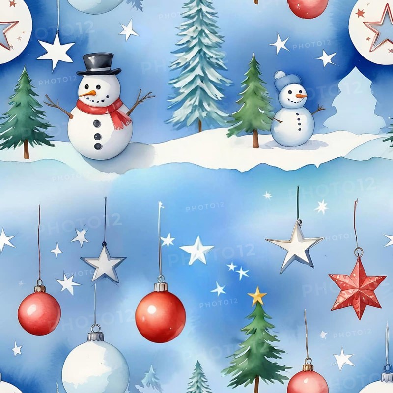 Snowmen and decorated Christmas trees against a blue snowy sky adorned with festive ornaments and stars, Seamless pattern, AI generated
