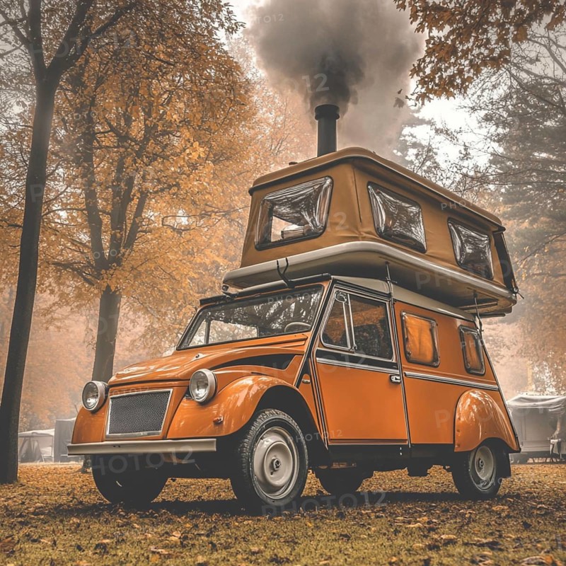 A vintage car with rooftop tent, surrounded by autumn trees and mist, with smoke coming from the camper, evoking nostalgia, AI generated