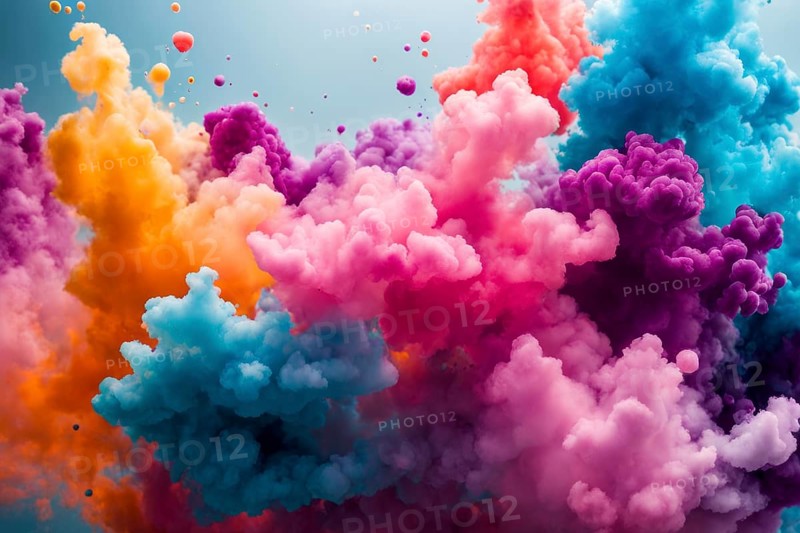 Vibrant paint cloud explosion with blue, pink, purple, and orange hues against a light background, AI generated