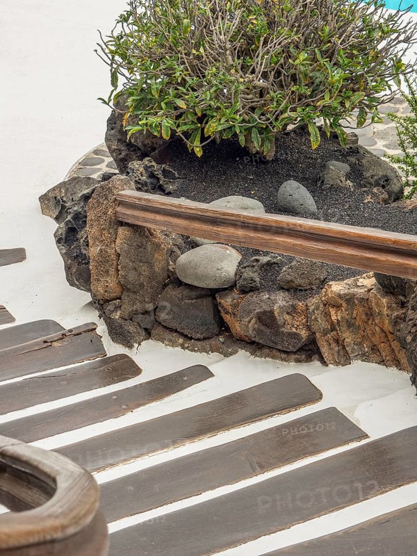 Modern outdoor staircase with stones and plants, lanzarote, Canary Islands, Spain, Europe
