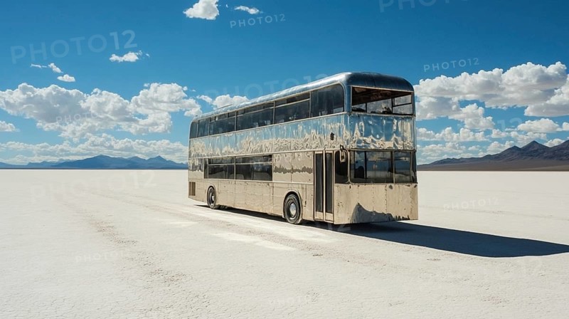A reflective double-decker bus in a vast desert landscape with mountains in the distance under a clear sky with clouds, AI generated