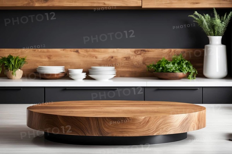 A modern kitchen with a wooden table, minimalist design, black elements, and clean aesthetics, AI generated