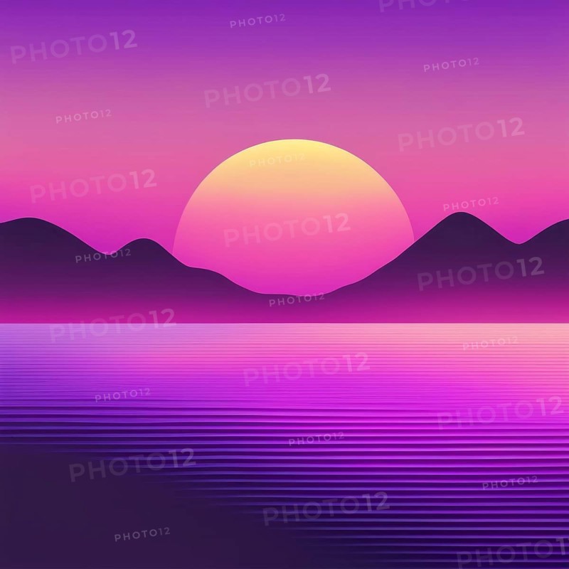 Minimalist sunset over mountains with water reflecting pink and purple hues, AI generated