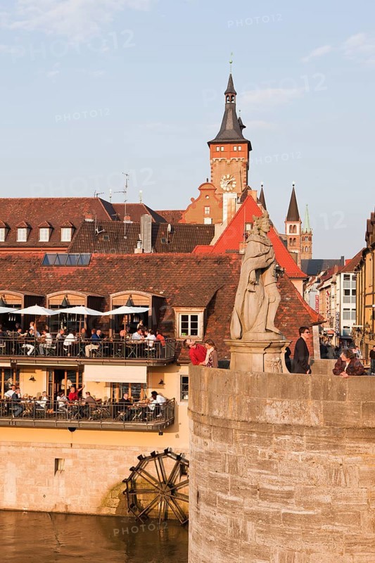 Old Main bridge in Wuerzburg with St Kilian's Cathedral and town hall, Wuerzburg, Lower Franconia, Bavaria, Germany, Europe
