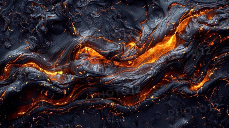 Dynamic abstract lava flow with radiant orange streaks on dark surfaces, intensely glowing, AI generated